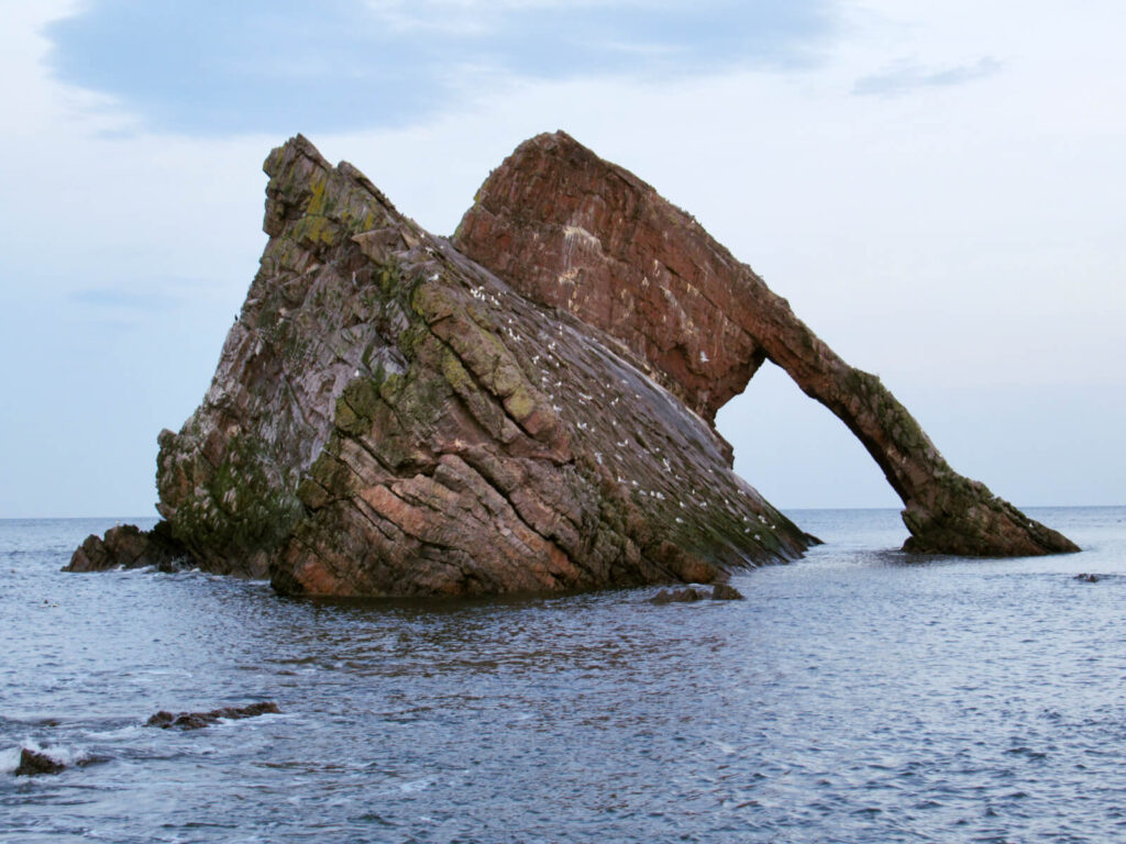 Image showing Bow Fiddle Rock completely cut off by the tide. An archway has formed under the rock and many birds sit on the edge of the rock.