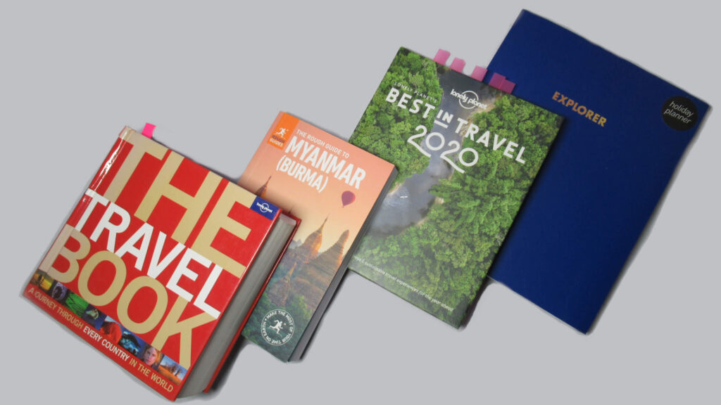 Four books are shown. 1: The Travel Book, 2: The Rough Guide to Myanmar, 3: Best in Travel 2020, 4: Explorer, holiday planner. Inspiration for some unique travel gifts this Valentine's Day!