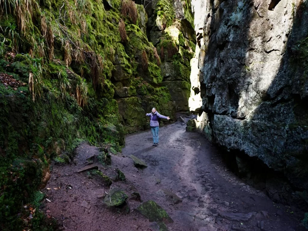 Zoe inside Lud's Church - at 18 metres deep and 100 metres long, it is no small landmark! The culmination of this Lud's Church walk - but not the end!