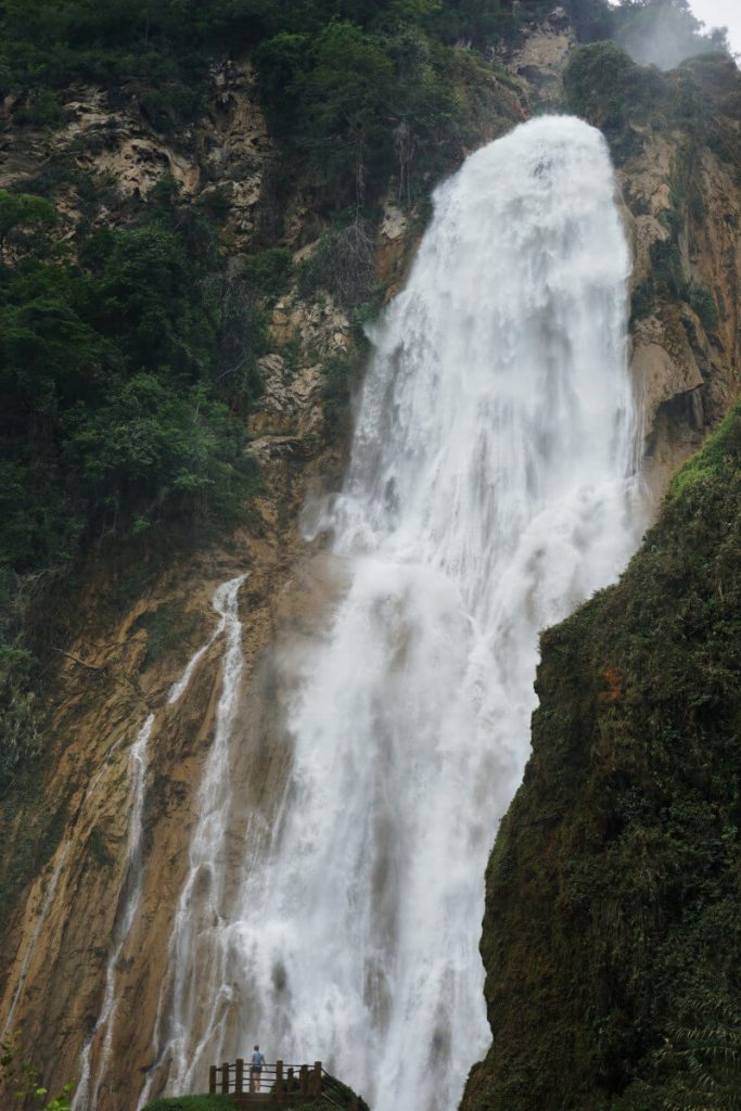 The dazzling Cascada Velo de Novia with Zoe stood on the viewing platform below looking very small in comparison