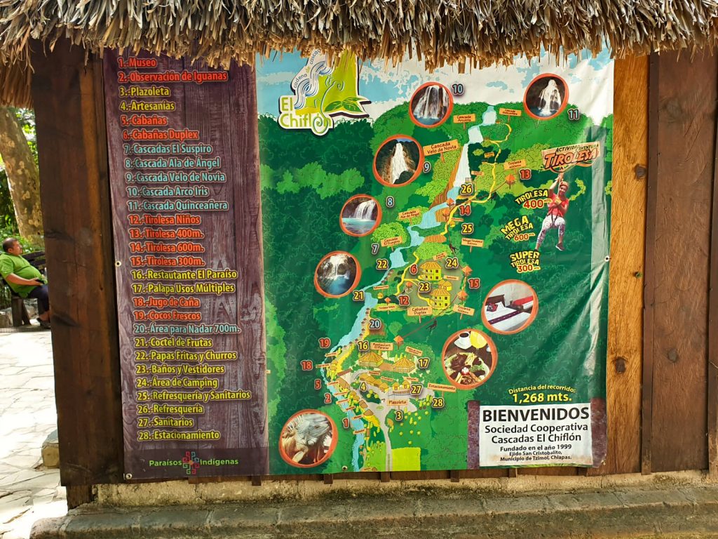 A map of the whole complex including 5 waterfalls, multiple zip lines, swimming areas and cabanas, restaurants and camping areas