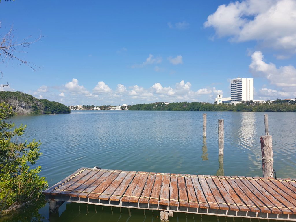 The lagoon in Cancun hotel zone with a bright blue sky 