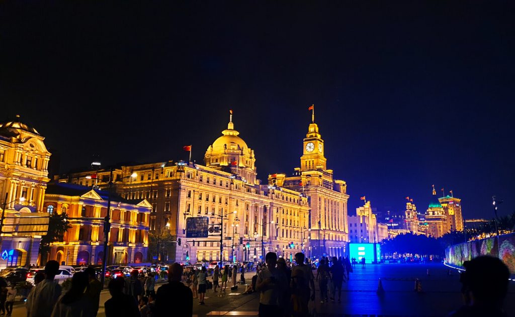 Illuminated at night, is colonial-era buildings, now repurposed for life in modern day China