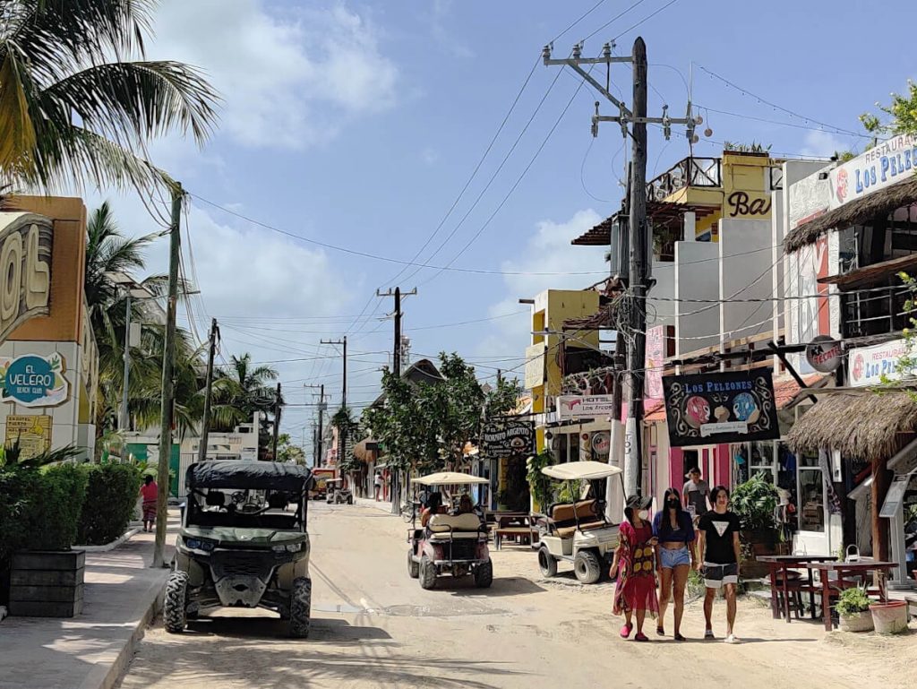 The main street of Holbox that connects the ferry port on one side with Playa Holbox on the other. The ferry connects Holbox to Chiquila and Cancun