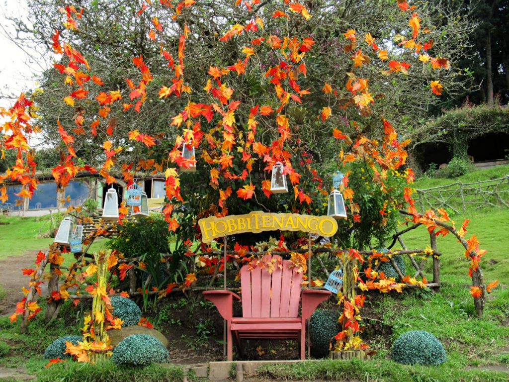 An autumnal scene in Hobbit land with a chair for taking photos in front of a tree decorated with yellow and orange leaves
