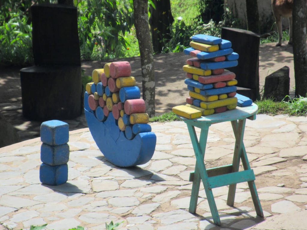 Fair games including giant jenga and balancing blocks on a circular base